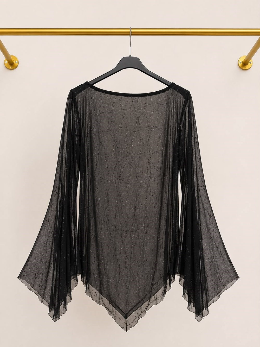 Siyah Simli Transparan Kimono – Yarasa Kollu Tül Plaj Üstü