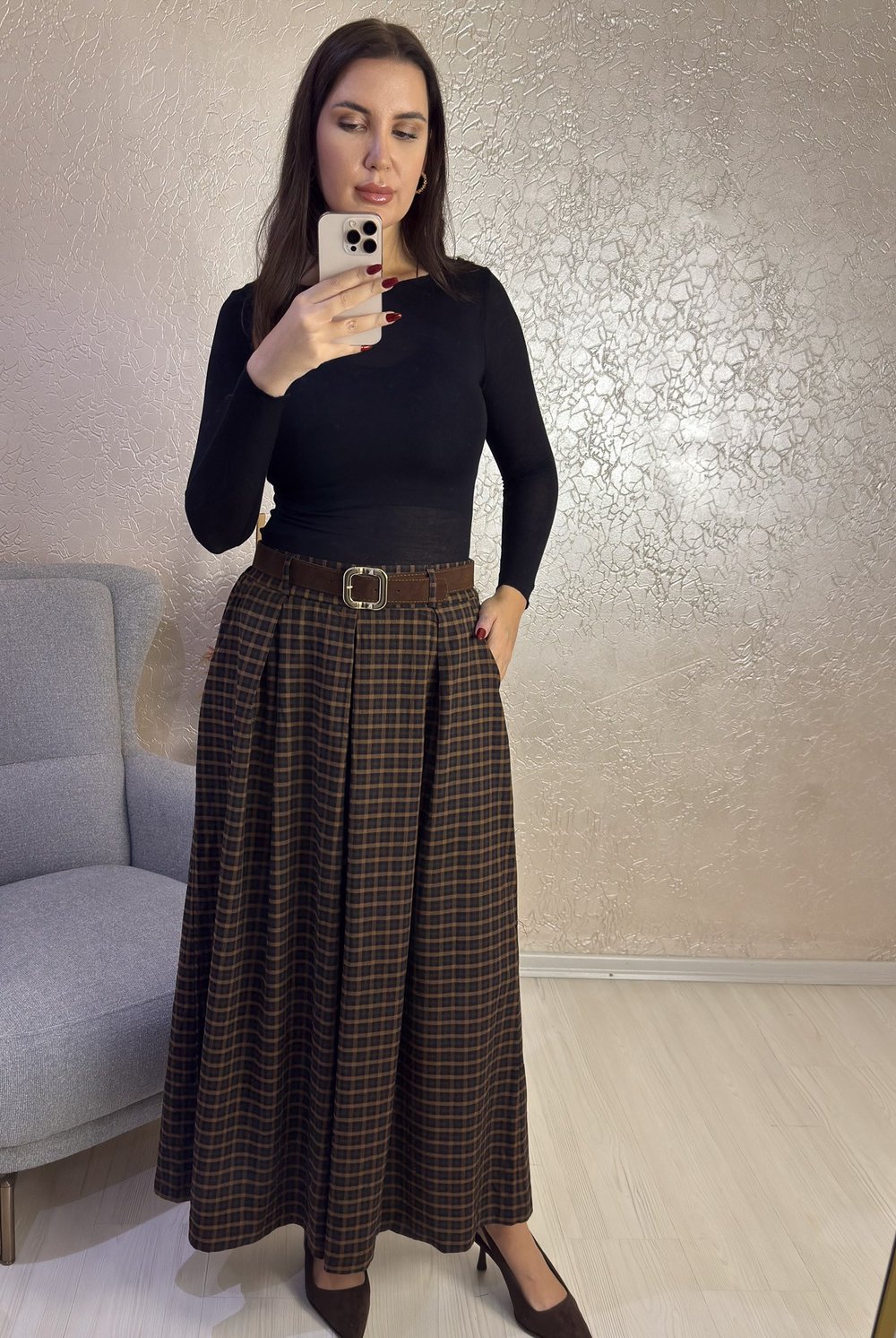 Nubuk Kemerli Ekose Pantolon