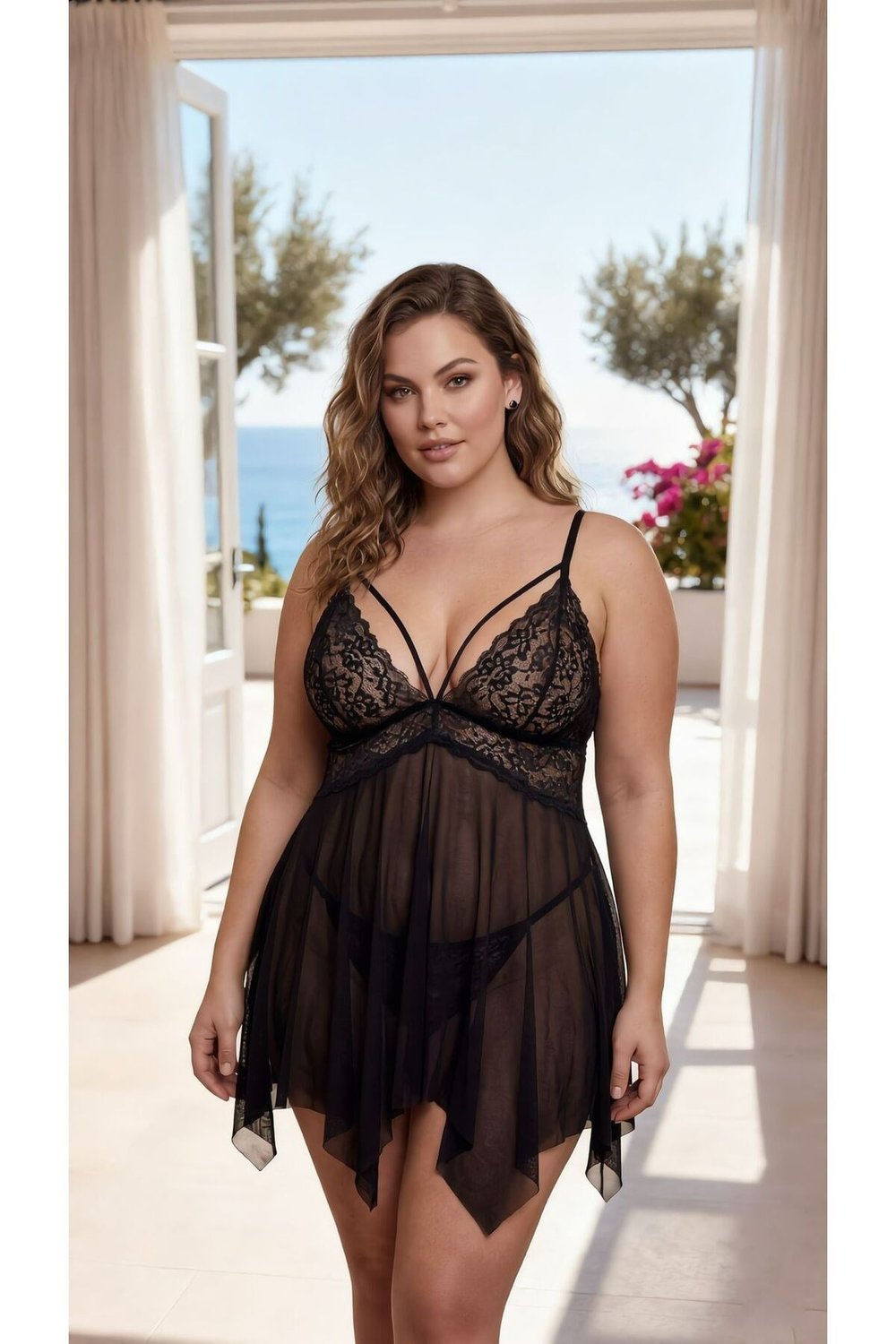 Büyük Beden Dantel Detaylı Tül Siyah Babydoll