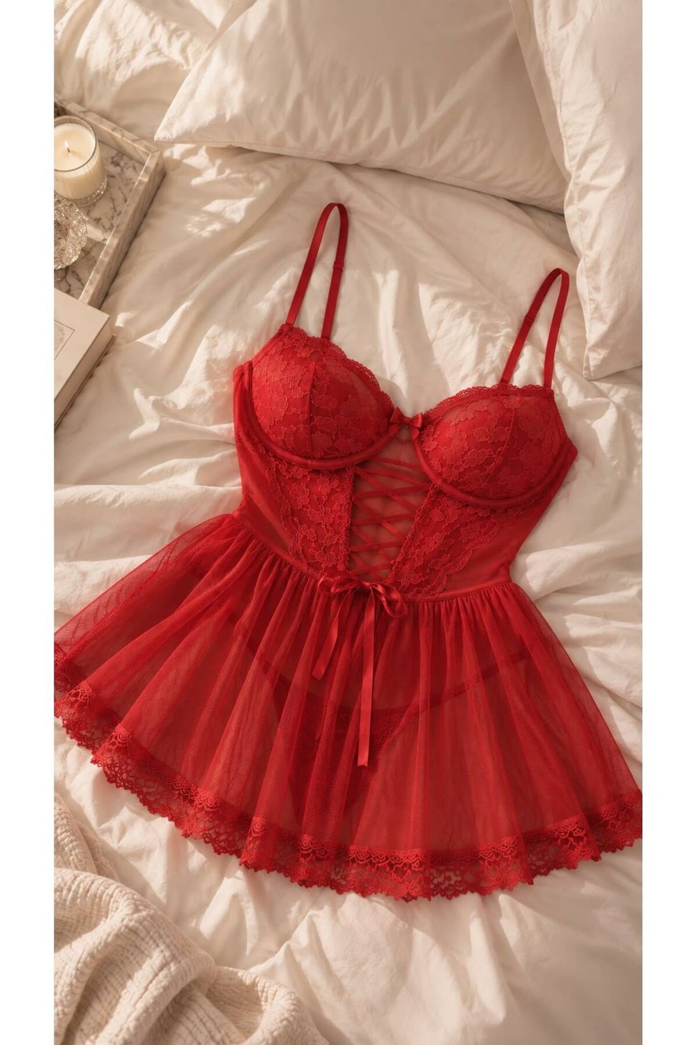 Kadın Kırmızı Dantel Detaylı Tül Etekli Desteksiz Babydoll
