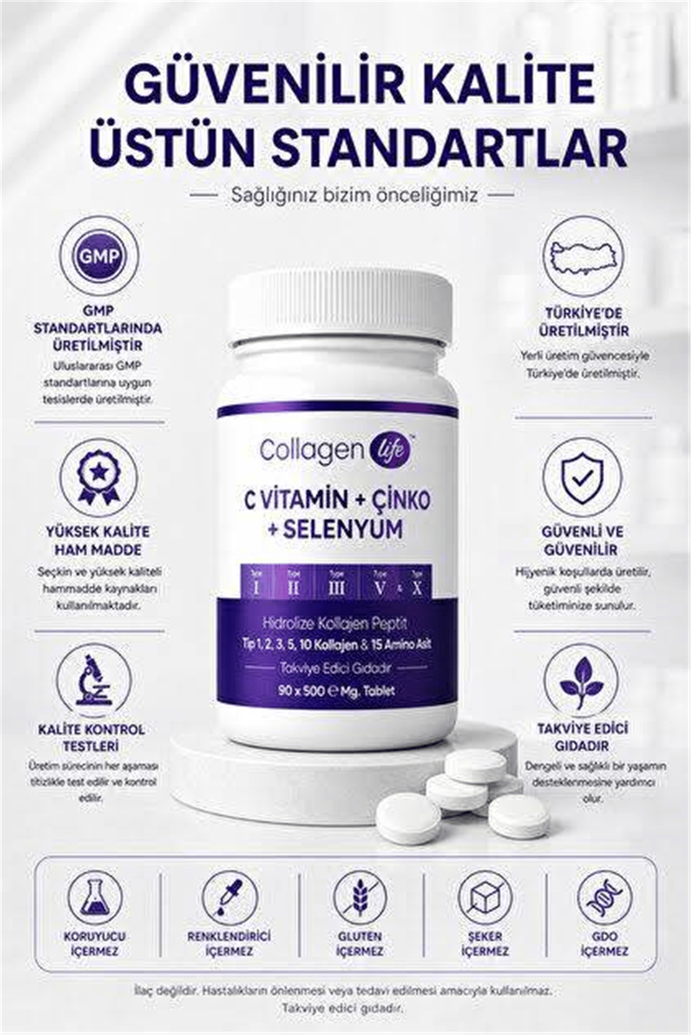 Hidrolize Kollajen , C Vitamini, Çinko, Selenyum İçeren Takviye Edici Gıda