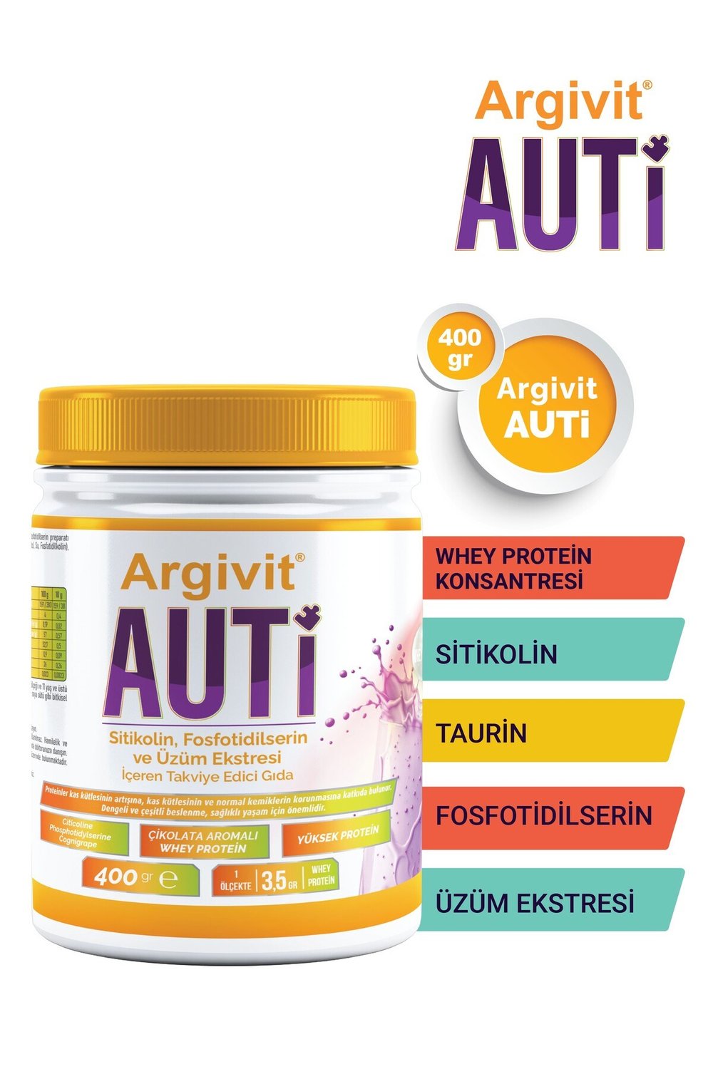 Auti Taurin, Sitikolin, Fosfotidilserin ve Üzüm Ekstresi İçeren Gıda Takviyesi 400 gr