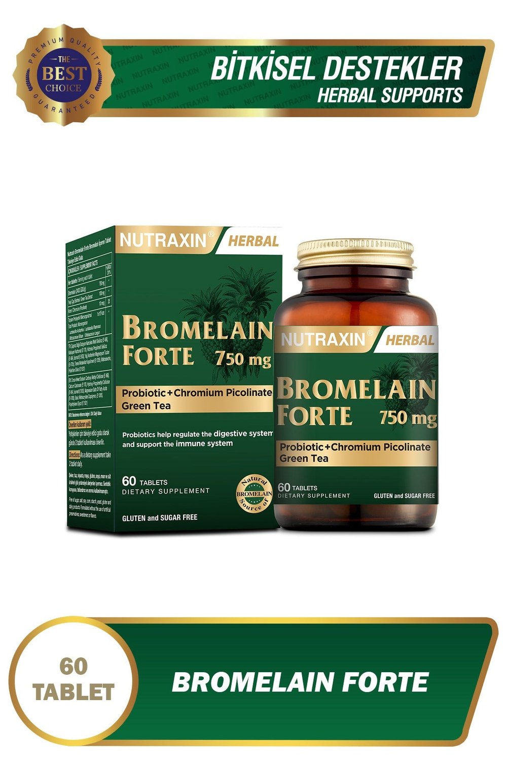 Bromelain Forte 750 mg 60 Tablet Krom Yeşilçay Probiyotik