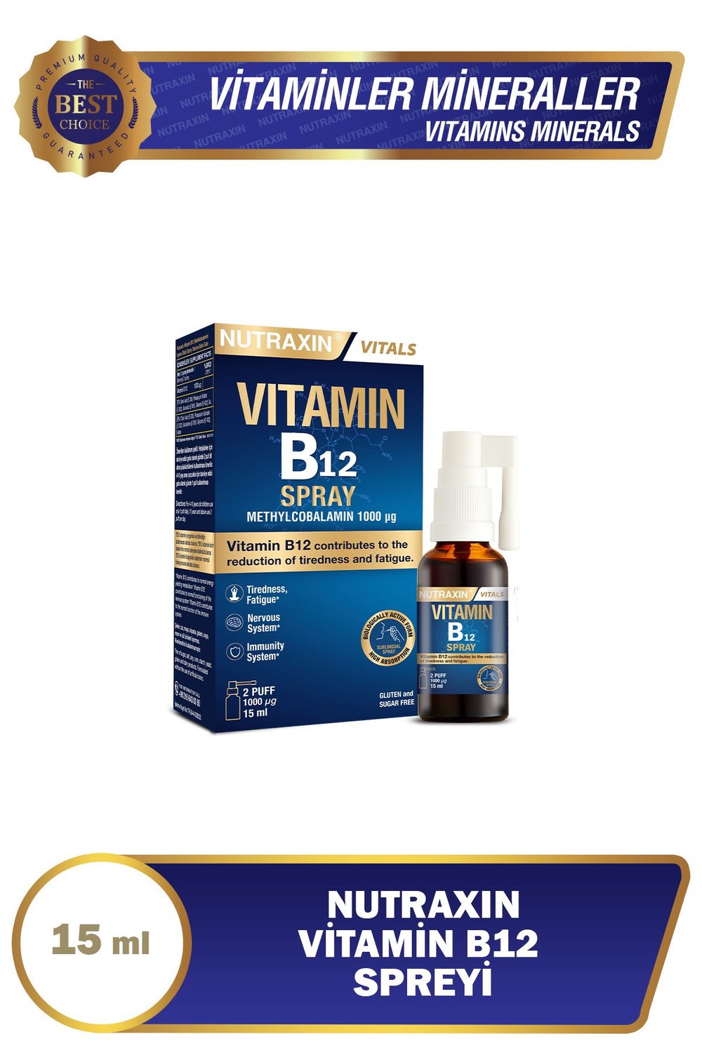 Vitamin B12 Sprey 15 ml – Metilkobalamin Formlu, Vegan, Hızlı Emilim Takviyesi