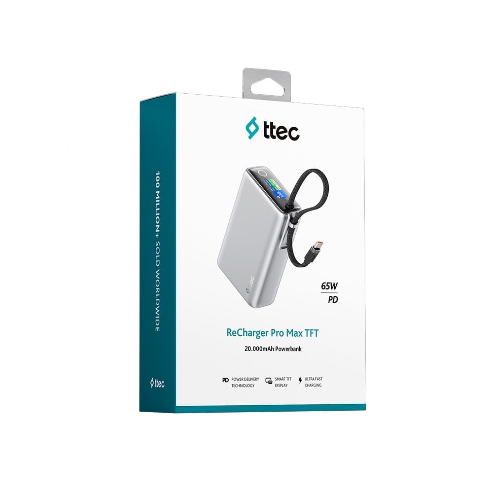2BB273G ttec ReCharger Pro Max TFT 20.000mAh PD 65W USB-C Dahili Kablolu Taşınabilir Hızlı Şarj Aleti / Powerbank – 2BB273