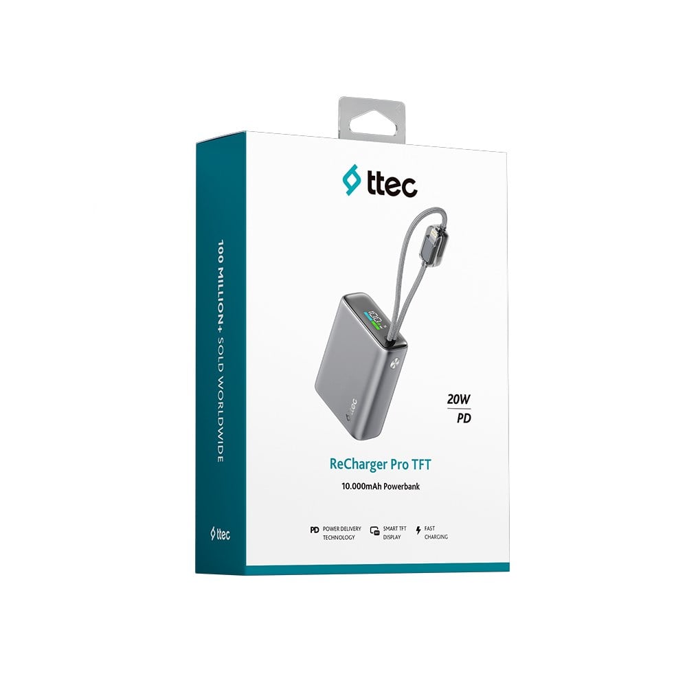 2BB278UG ttec ReCharger Pro TFT 10.000mAh PD 20W USB-C ve Lightning Dahili Kablolu Taşınabilir Hızlı Şarj Aleti / Powerbank – 2BB278