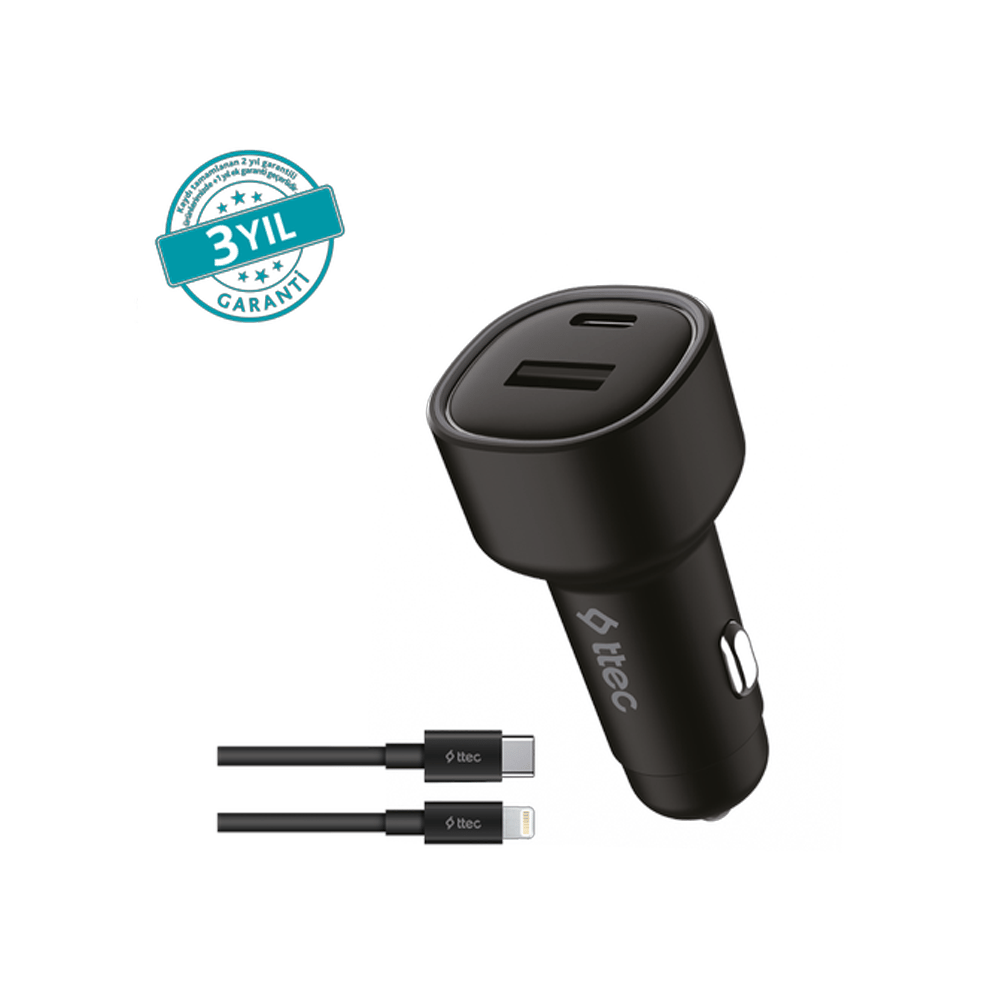2CKP02LS ttec SmartCharger Duo PD 48W Araç Hızlı Şarj Aleti USB-C+USB-A - USB-C-Lightning Kablo Siyah