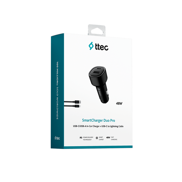 2CKP02LS ttec SmartCharger Duo PD 48W Araç Hızlı Şarj Aleti USB-C+USB-A - USB-C-Lightning Kablo Siyah