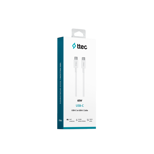 2DK36B ttec USB-C - USB-C 120cm 60W PD/QC Hızlı Şarj/Data Kablosu Beyaz
