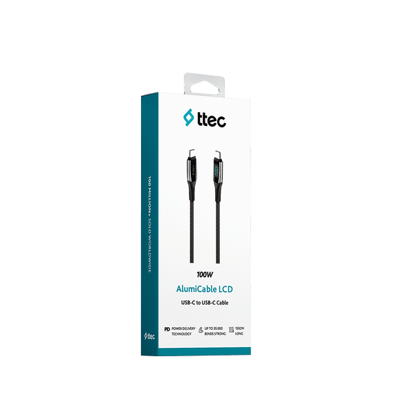 2DK57S ttec AlumiCable LCD USB-C – USB-C 100W PD/QC 150cm Hızlı Şarj/Data Kablosu ,Siyah