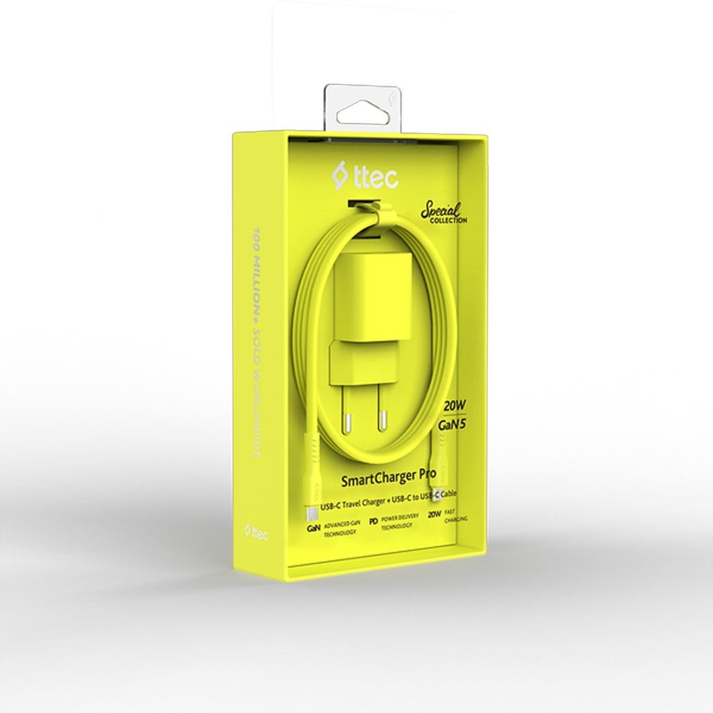 2SCG20CNS ttec SmartCharger GAN 20W PD Seyahat Hızlı Şarj Aleti + USB-C - USB-C 3A Kablo Neon Neon Sarı