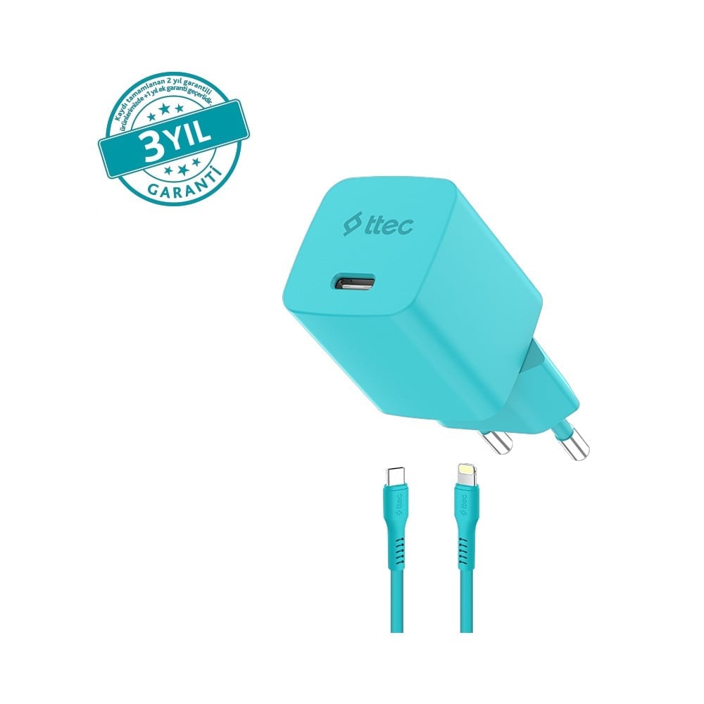 2SCG20LNM ttec SmartCharger GAN 20W PD Seyahat Hızlı Şarj Aleti + USB-C - Lightning 120cm Kablo Neon Neon Mavi