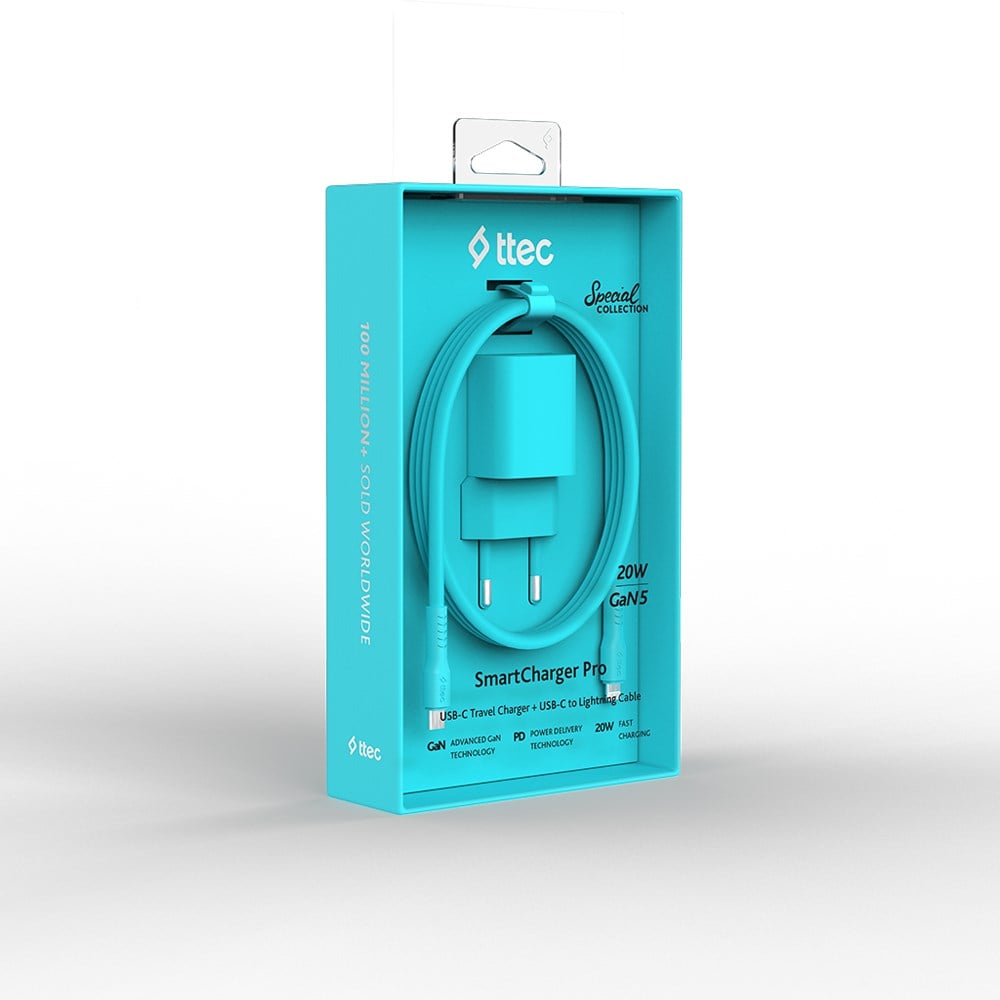 2SCG20LNM ttec SmartCharger GAN 20W PD Seyahat Hızlı Şarj Aleti + USB-C - Lightning 120cm Kablo Neon Neon Mavi