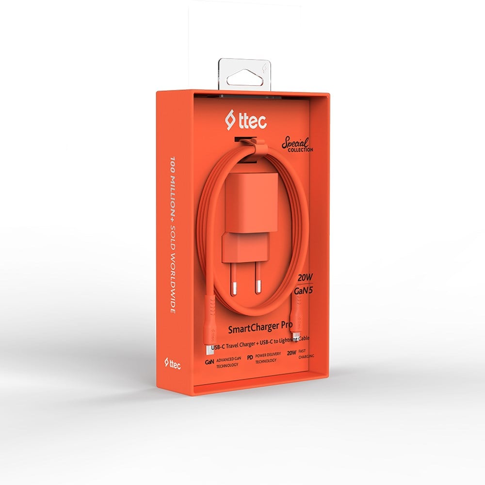 2SCG20LNT ttec SmartCharger GAN 20W PD Seyahat Hızlı Şarj Aleti + USB-C - Lightning 120cm Kablo Neon Neon Turuncu