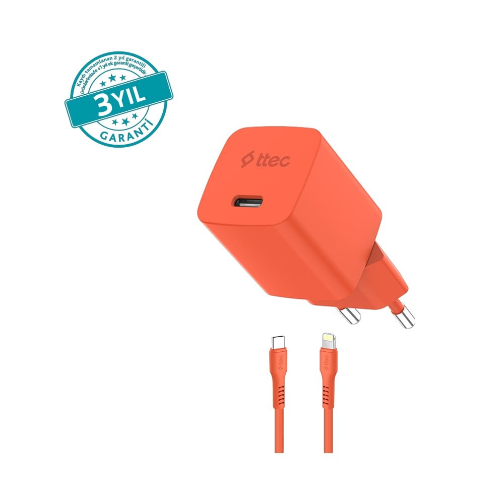 2SCG20LNT ttec SmartCharger GAN 20W PD Seyahat Hızlı Şarj Aleti + USB-C - Lightning 120cm Kablo Neon Neon Turuncu