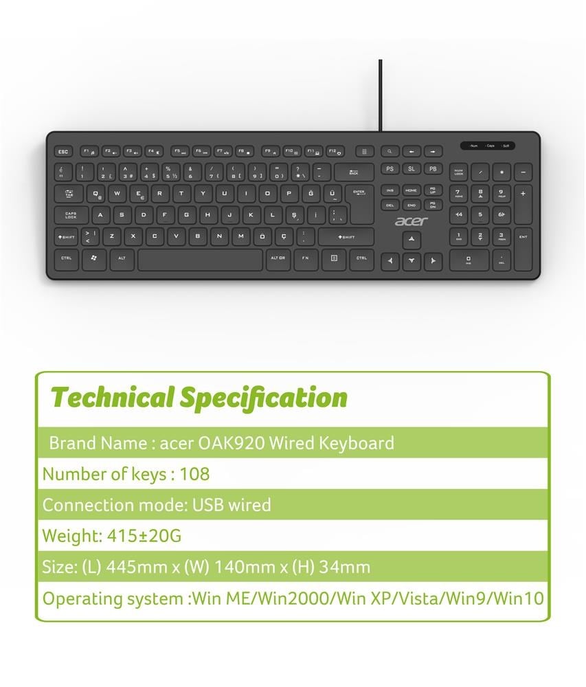Acer OAK920 Q Usb SİYAH 1.8mt  Kablolu Klavye-Tek Tuş Hesap Makinalı (Sessiz Tuş)