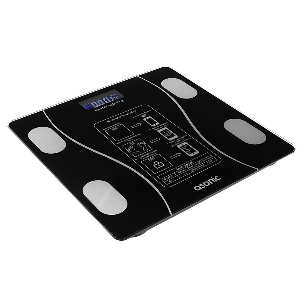 Asonic BS260 Siyah 2-AAA Pil Dijital Bluetooth Baskül (Sensör-Temperli Cam-Otomatik Sıfırlama)