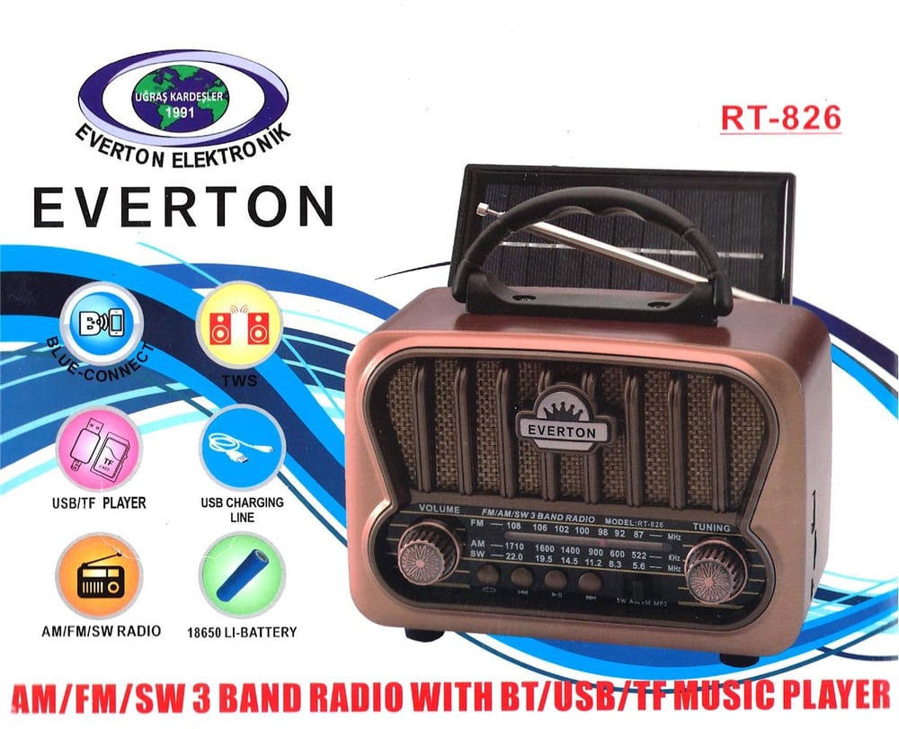 Everton RT-826 Bluetooth-USB-SD-FM Şarjlı Nostaljik Radyo Güneş Panelli