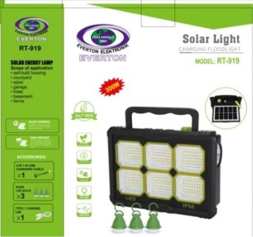 Everton Rt-919 Şarjlı 300w Solar Panelli Projektör (3 Adet Ampül) (Led Gösterge)