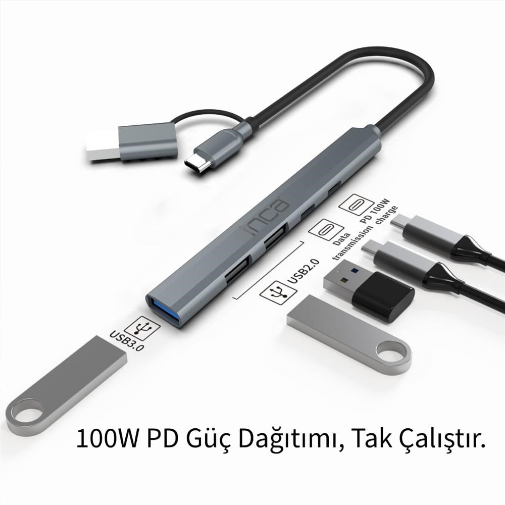Inca IUTP-06TX 5in1 USB 3.0 + 2xUSB 2.0+Type-C+PD 100W USB+Type-C Çoklayıcı 3.0 ile 5 Gbps