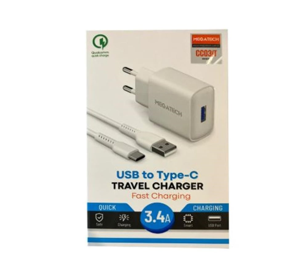 Megatech CC-03 (MT-Ct34 )3.4A Type-C Usb Kablo+ Ev Şarj Adaptör Hızlı Şarj