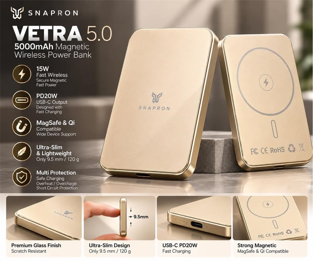 Snapron Snppb01-06 Gold 5000 mah Pd 20W USB- C MAGSAFE Ultra Silim ( Magnetic Wireless)