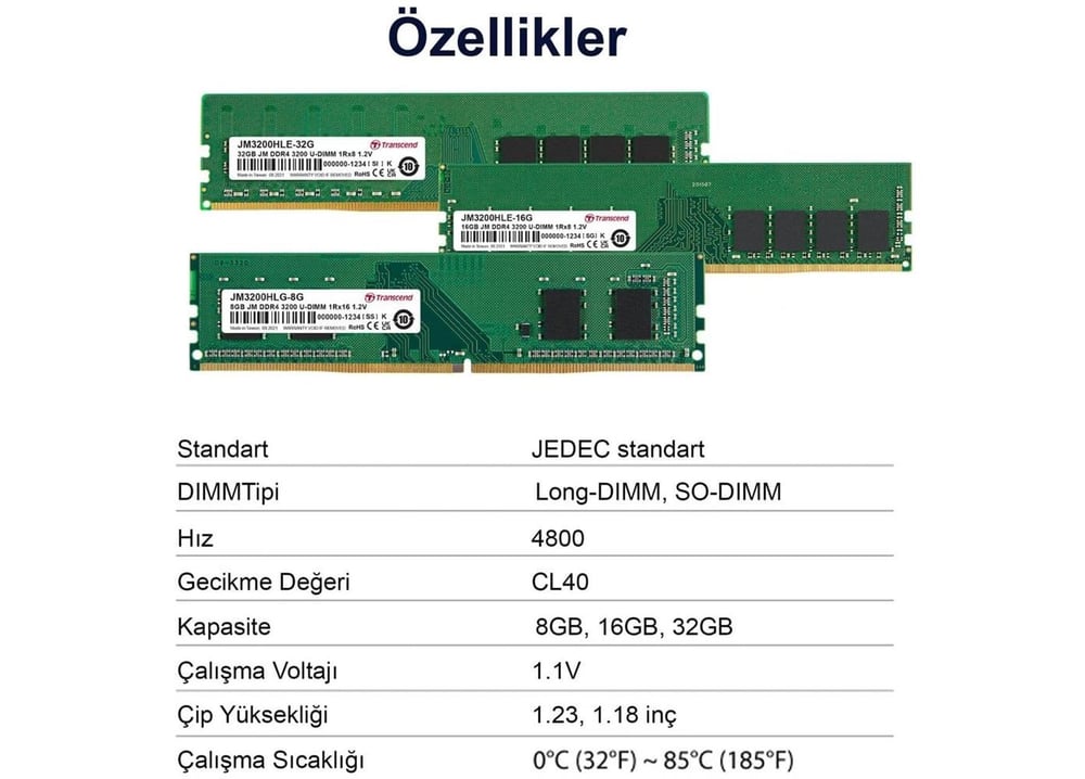 Transcend JM4800ALE-16G 16GB DDR5 4800Mhz CL40 1.1V Masaüstü Pc Ram
