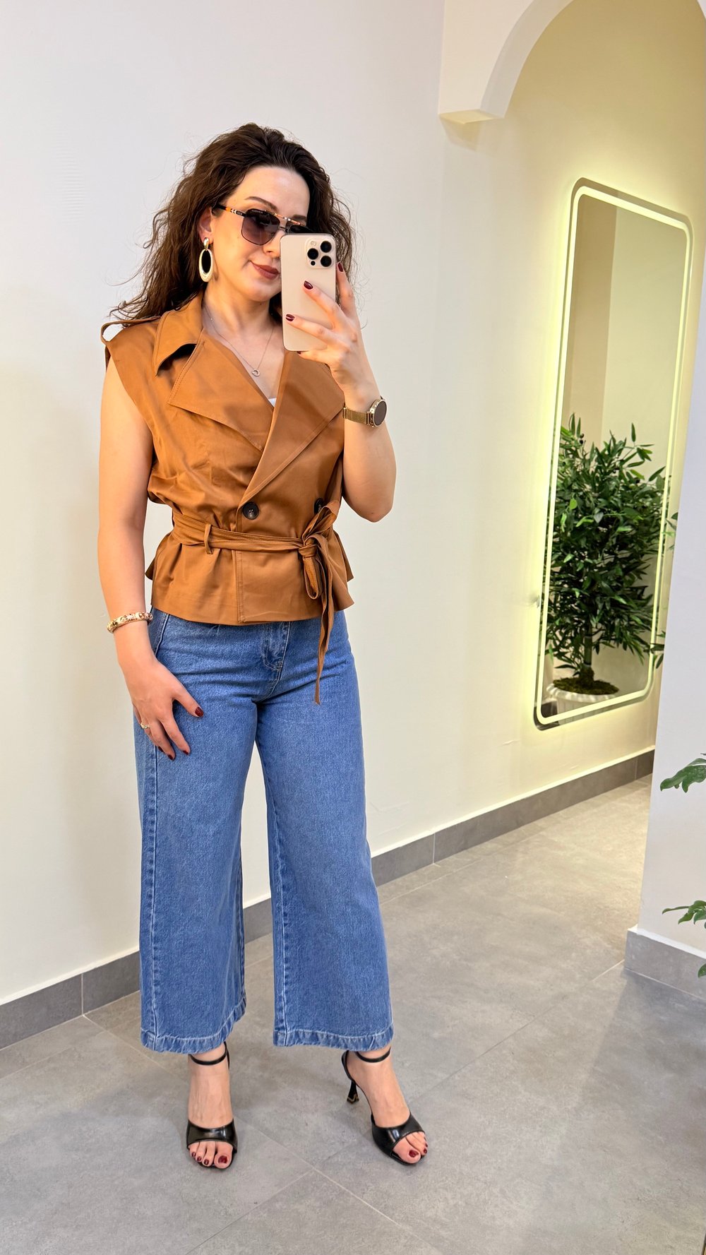 Kemerli Blazer Yelek -Taba