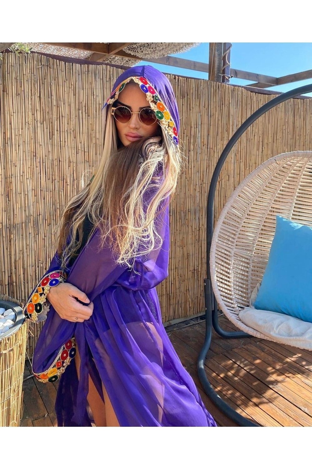 Uzun Mor Kapşonlu Pareo