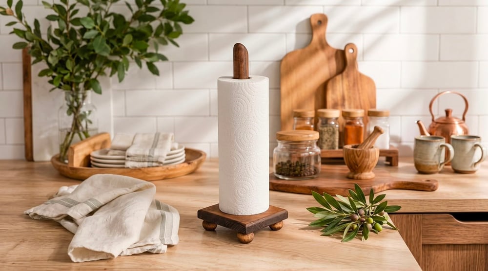 Kare Doğal Ahşap Top Ayaklı Kâğıt Havluluk , Rulo Kâğıt Havluluk %100 Çam 11x11x30 cm