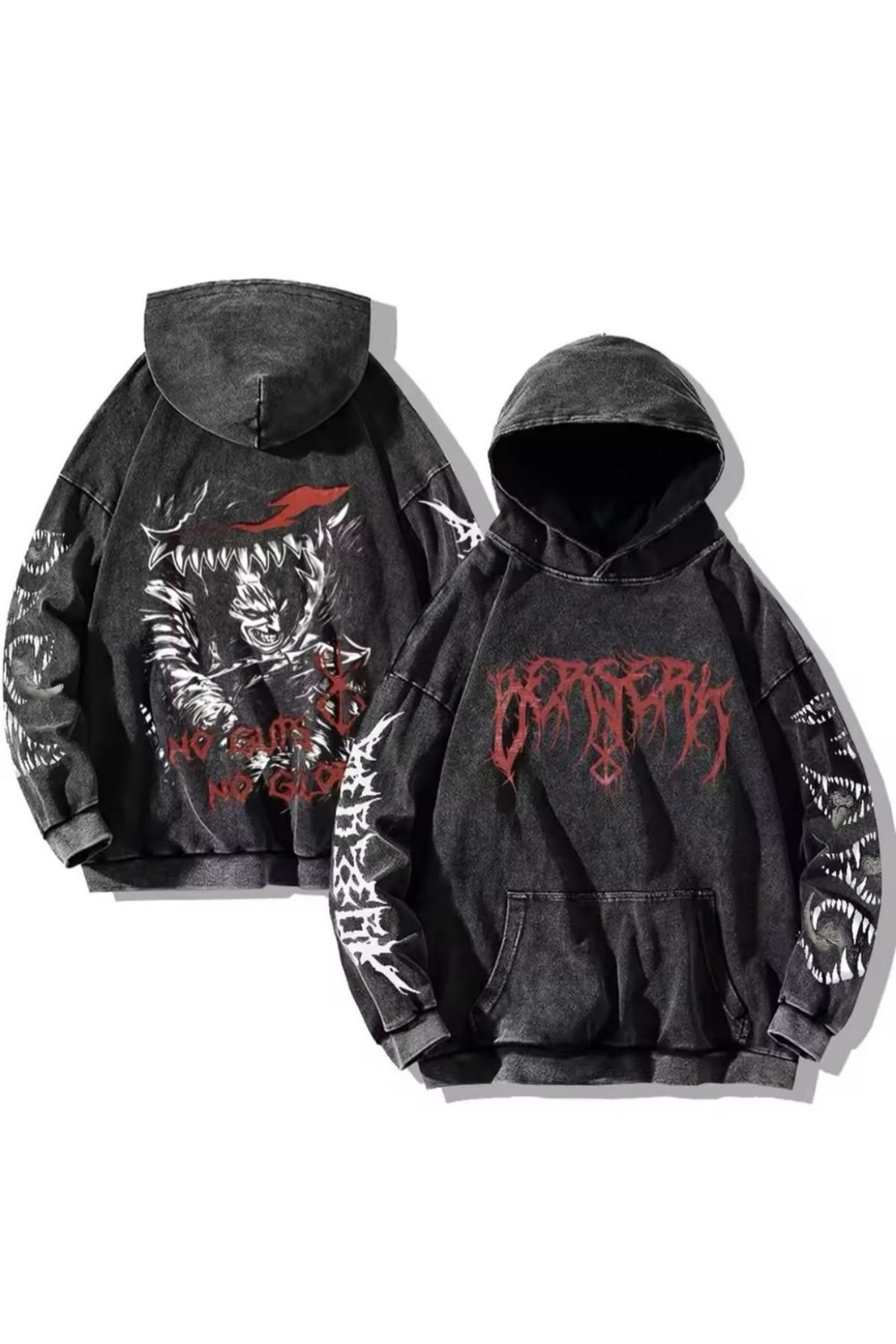 No Guts Anime Berserk Çok Baskılı Kapüşonlu Siyah Yıkamalı Sweatshirt
