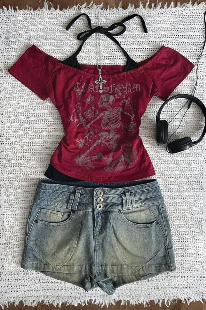Skeleton Madonna Yaka Ek Askılı Gotik Y2K Kısa Kollu Full Body Crop - Bordo