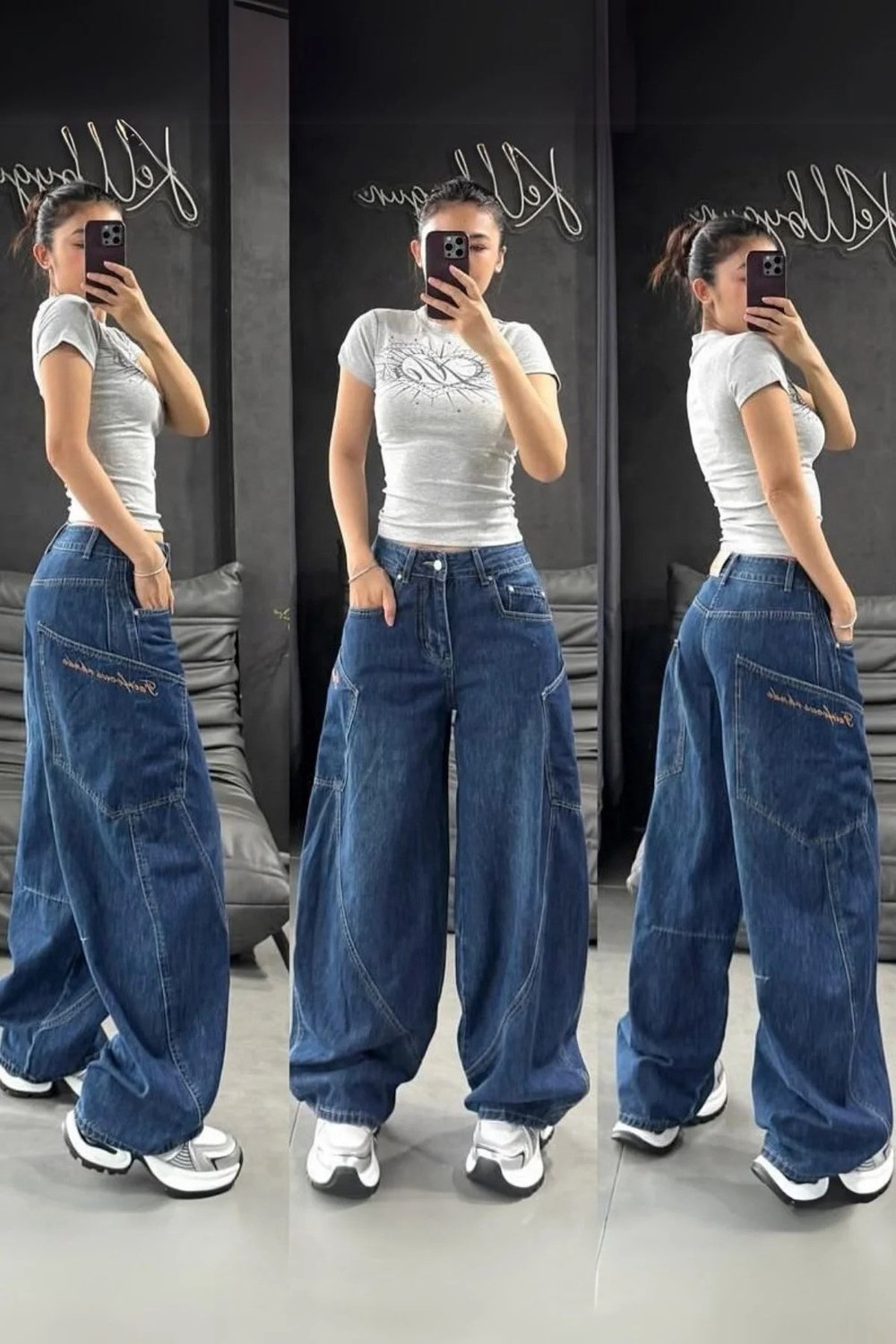 Street Style Çok Cepli Baggy Lacivert Denim