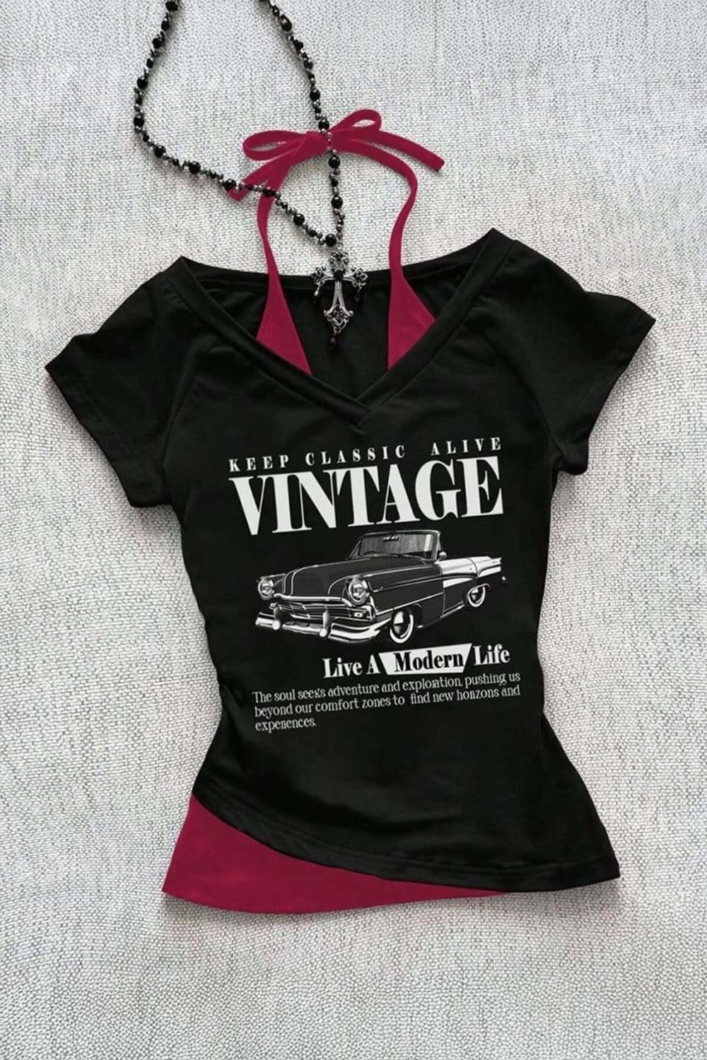 Vintage Modern Life Ek Askı Bağlamalı Y2K Kısa Kollu Body