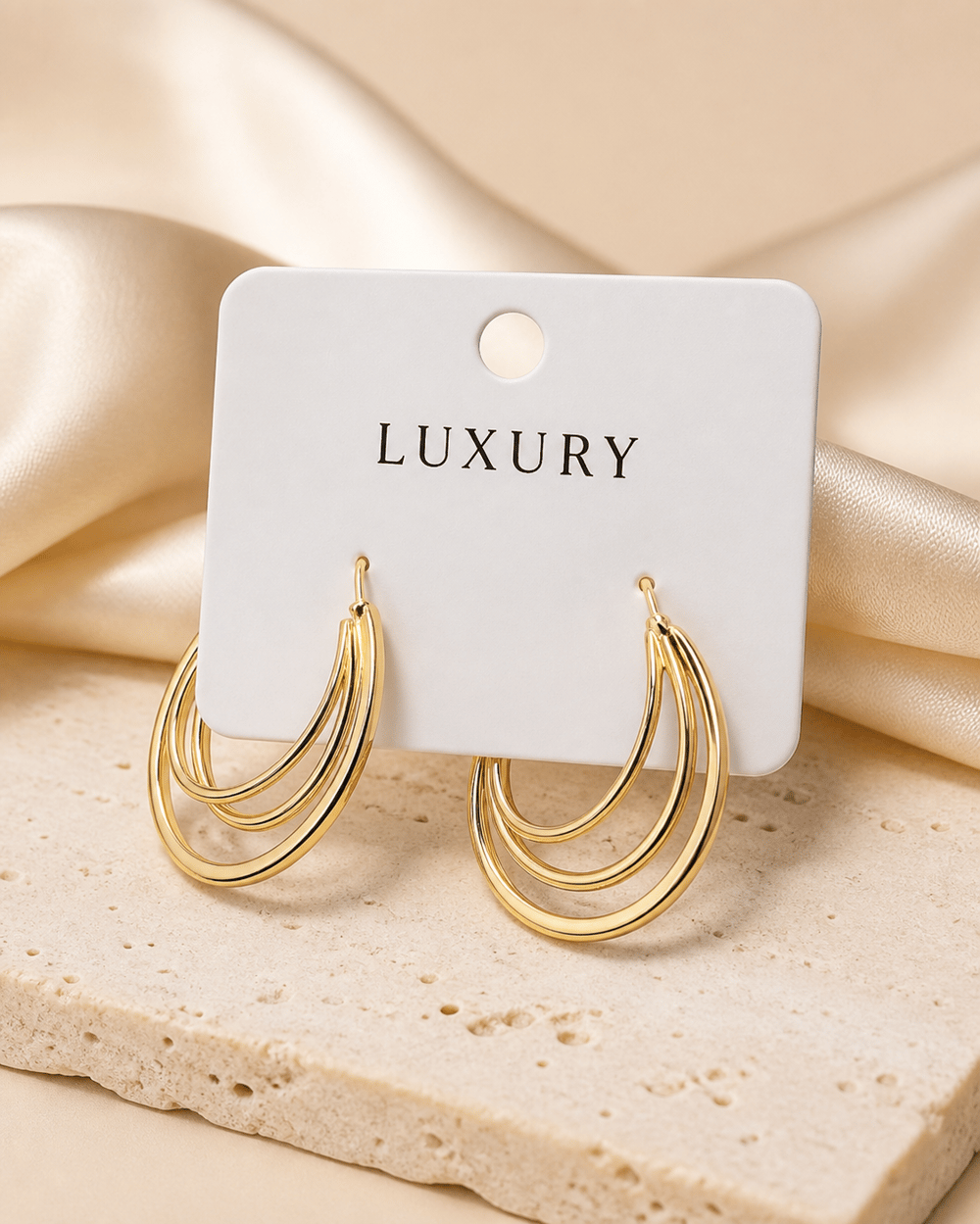  Luxury Üç Aralıklı İç İçe Oval Halka Küpe – Gold