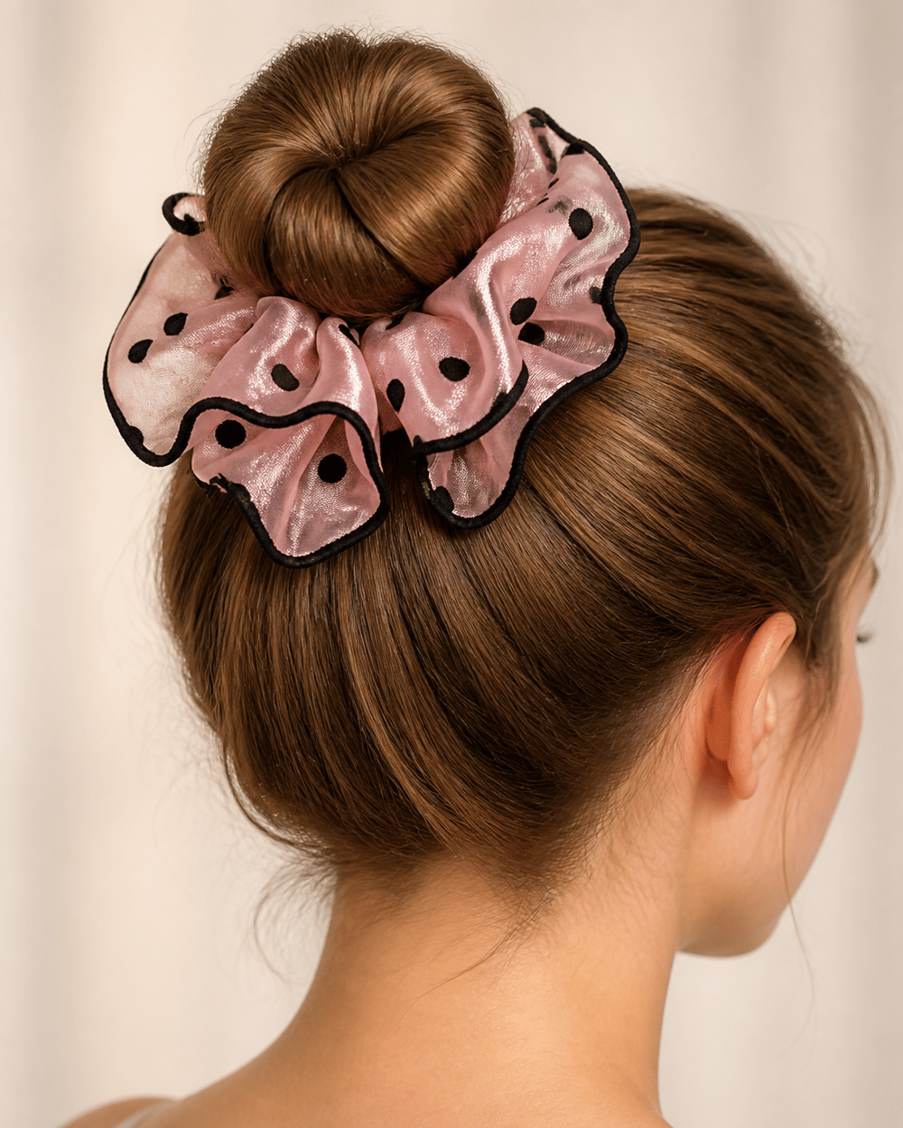 Fashion Pudra Pembe Puantiyeli Organze Oversize Scrunchie Saç Tokası