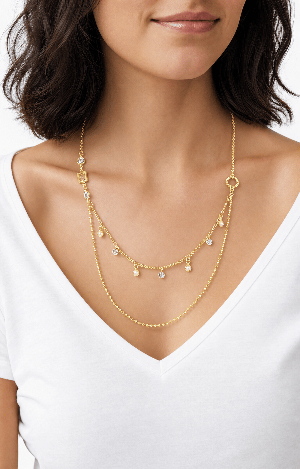 LUXURY Asimetrik Taş Detaylı Katmanlı Gold Kolye