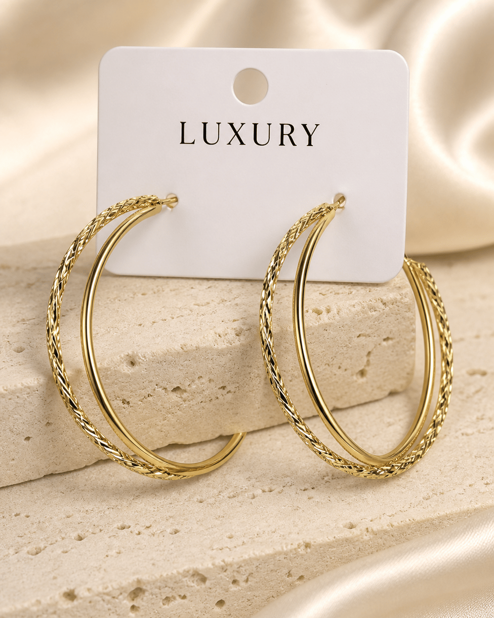 Luxury Çelik İki Aralıklı Büyük Boy Halka Küpe – Gold