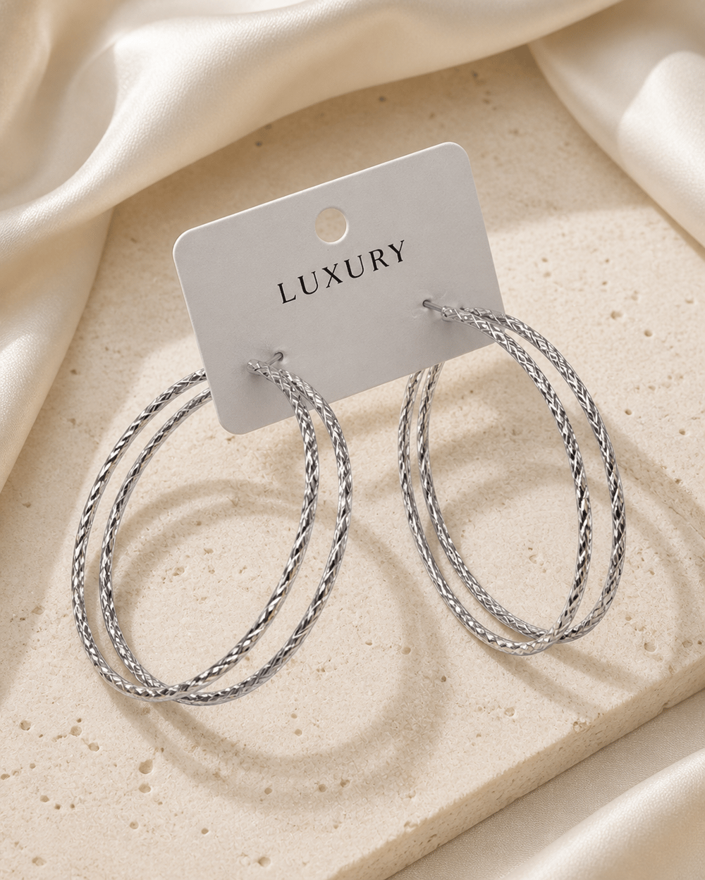 Luxury İki Aralıklı Büyük Boy Baklava Desenli Halka Küpe – Gümüş