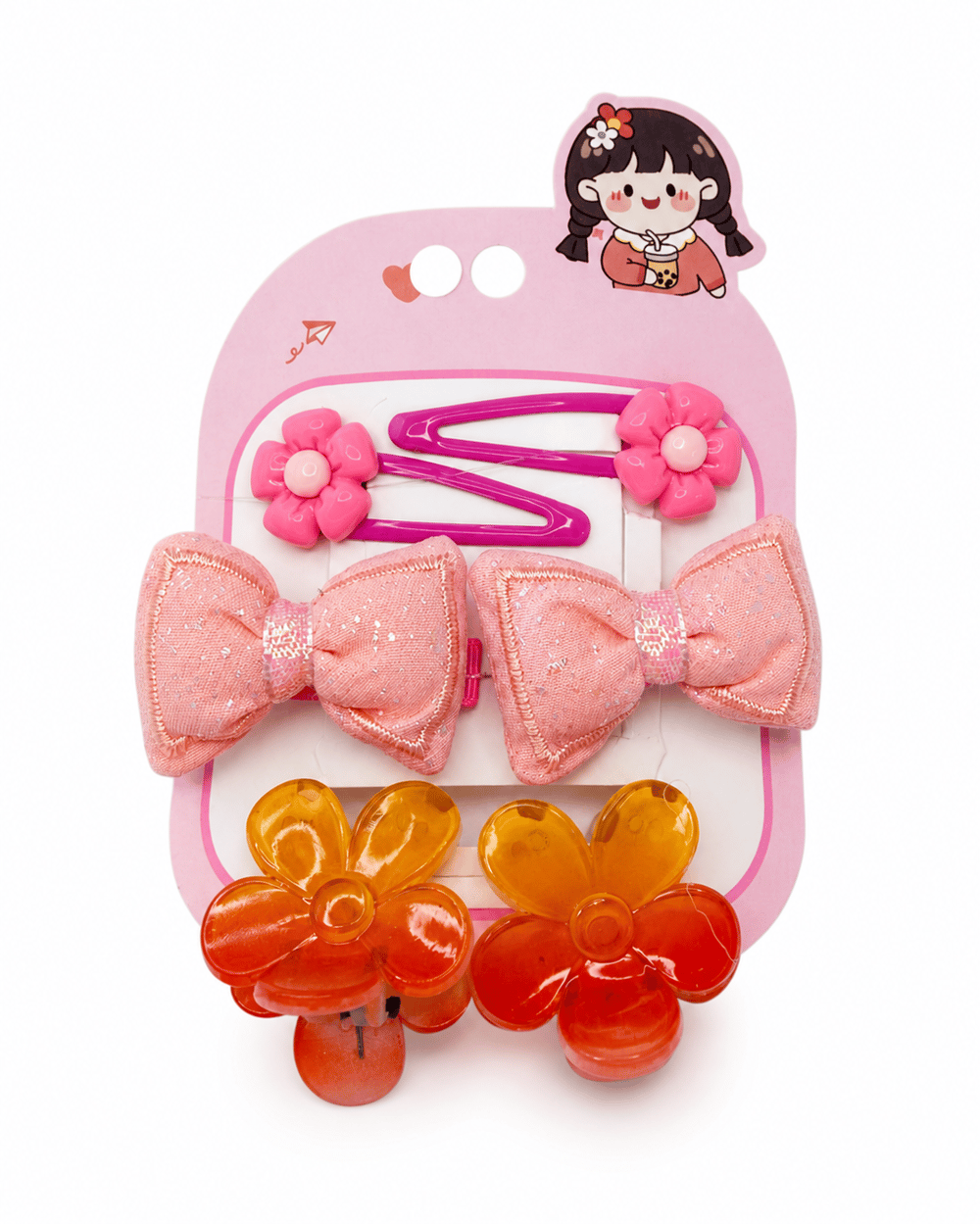 Pembe Fiyonk ve Çiçek Detaylı Çocuk Saç Tokası – 6'lı Set