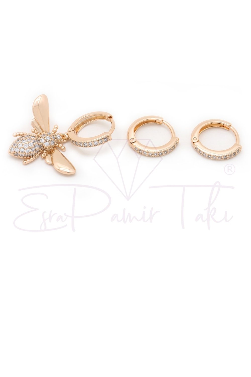 Zirkon Taşlı Rose Gold Renk Arı Küpe Seti