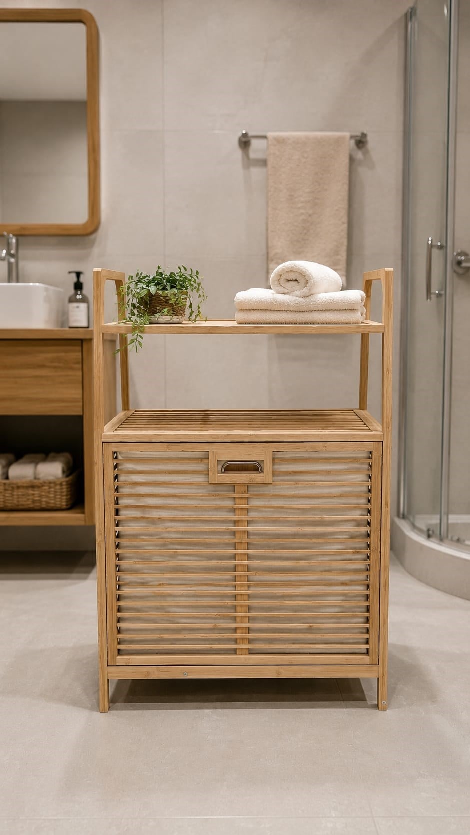 Bambu Çamaşır Sepeti &  Raflı Banyo Düzenleyici