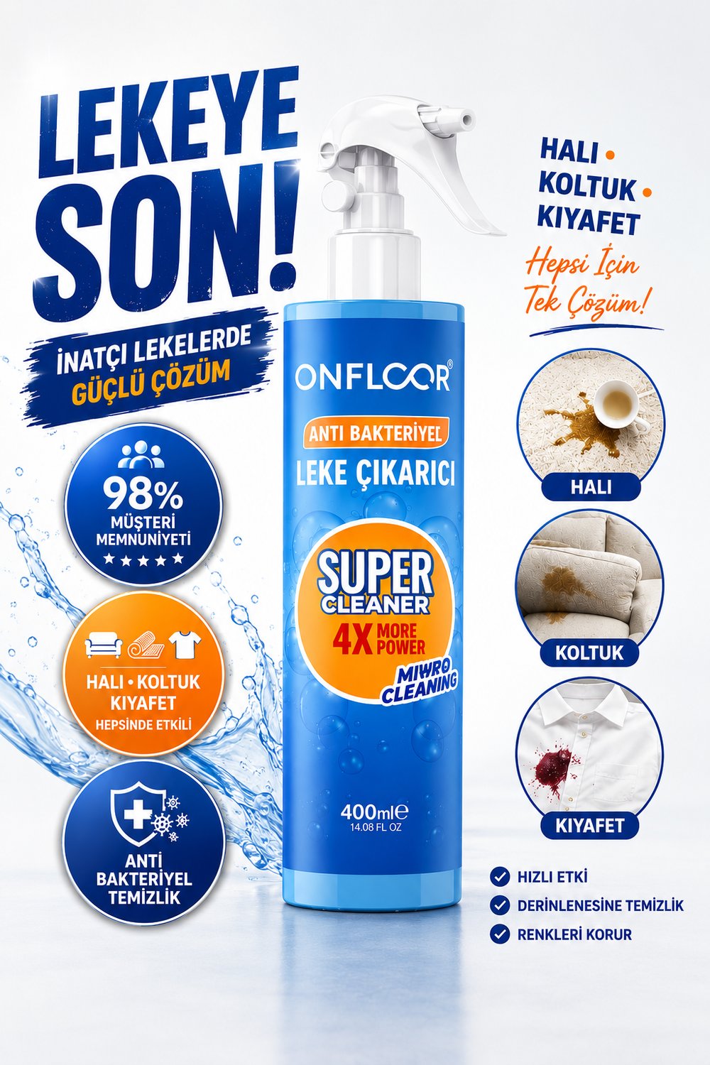 ONFLOOR Yağ, Kahve, Çay, Kan ve Makyaj Lekesi Çıkarıcı Sprey 400 ml 