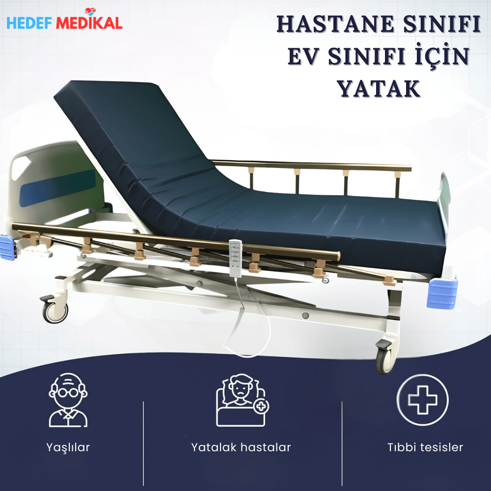 3 Motorlu Asansörlü Full ABS Tabanca Korkuluklu Elektrikli Kumandalı Hasta Karyolası