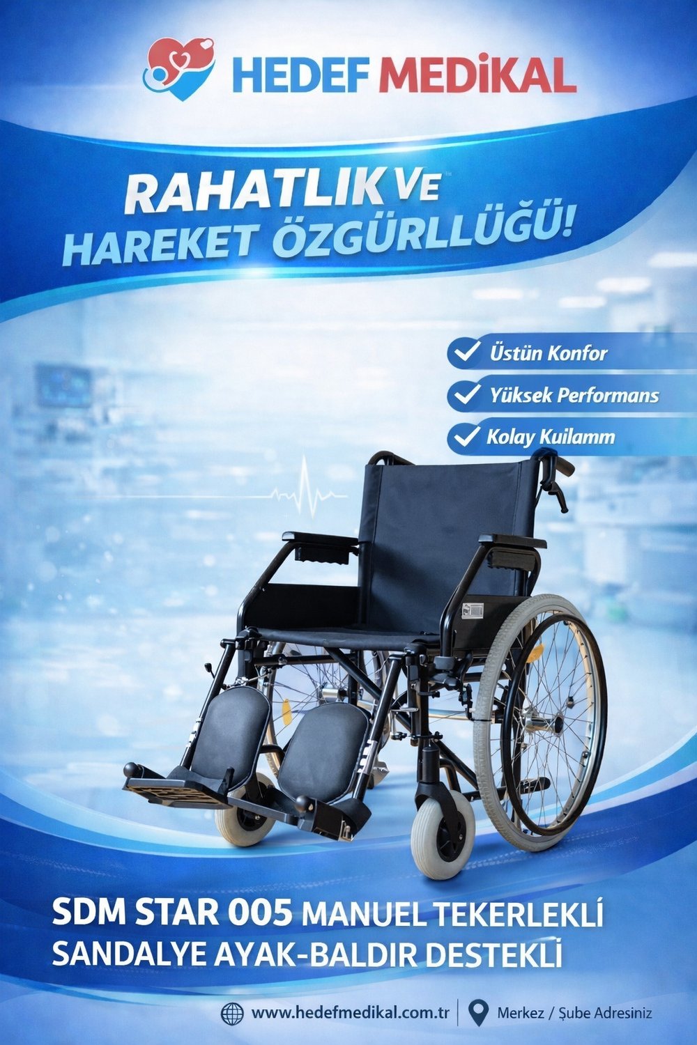 SDM STAR 005 MANUEL TEKERLEKLİ SANDALYE AYAK-BALDIR DESTEKLİ