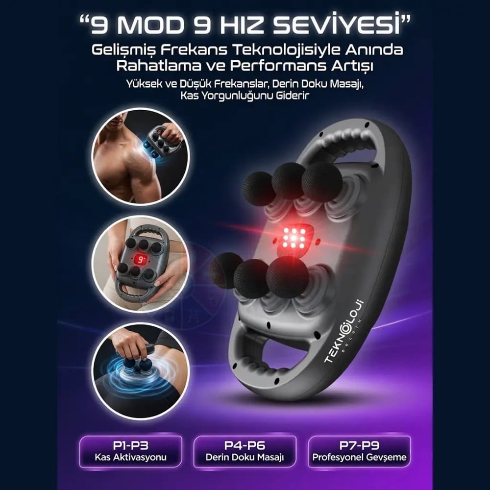 6 Başlı 9 Kademeli 9 Modlu 9600 Adet/Dk Yüksek Frekanslı Titreşimli Derin Doku Masaj Tabancası