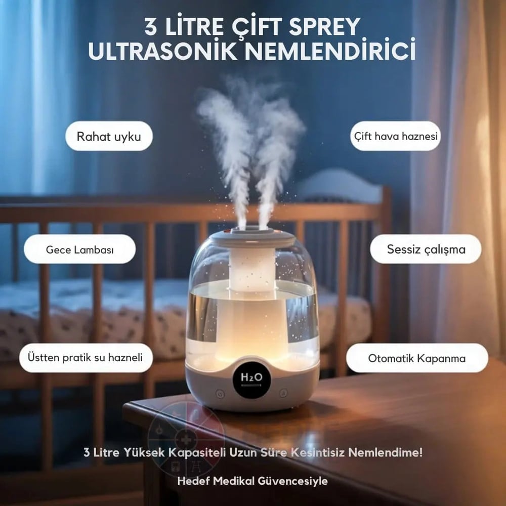 Çift Spreyli Ultrasonik Sessiz 3L Gece Lambalı Hava Nemlendirici