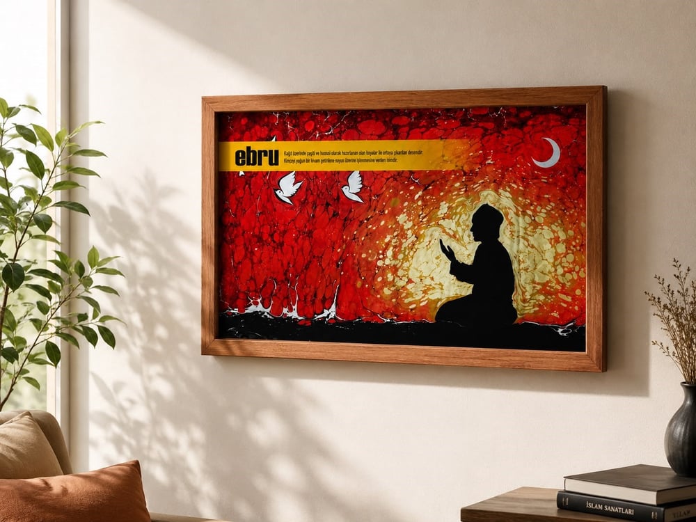 Ebru Sanatı Dua Eden Siluet Motifli Ahşap Çerçeveli Tablo