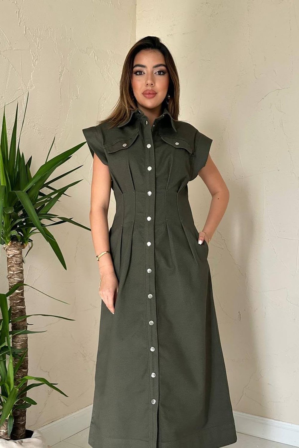 Haki Pile Detaylı Düğmeli Gabardin Elbise