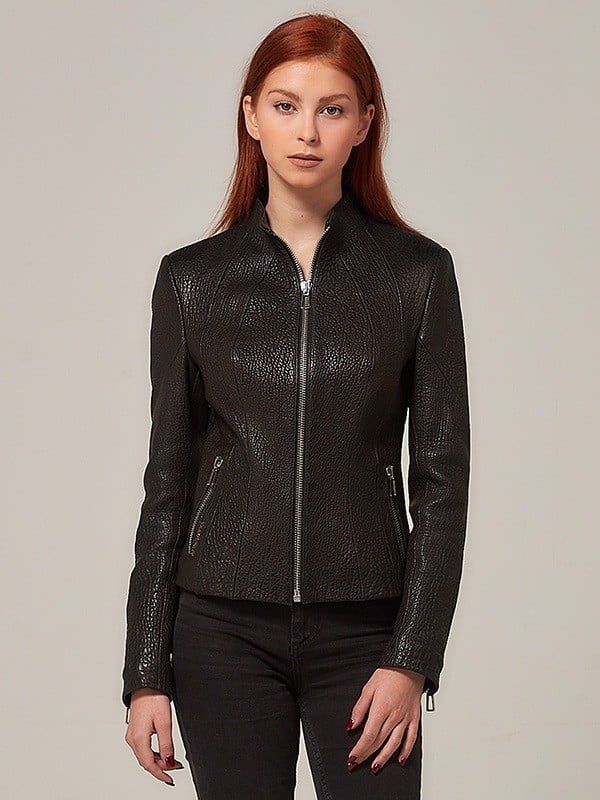 Hakiki Deri Slim Fit Kadın Ceket – Dik Yaka, Fermuarlı Zamansız Tasarım